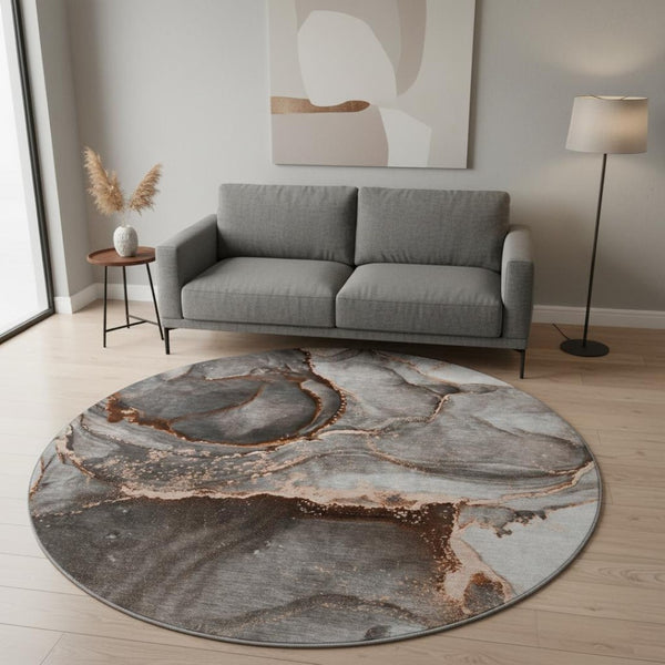 HomeRoots 8' Peach and Gray Abstract Washable Round Rug with UV Protection for Modern Homes and Easy Care 647449