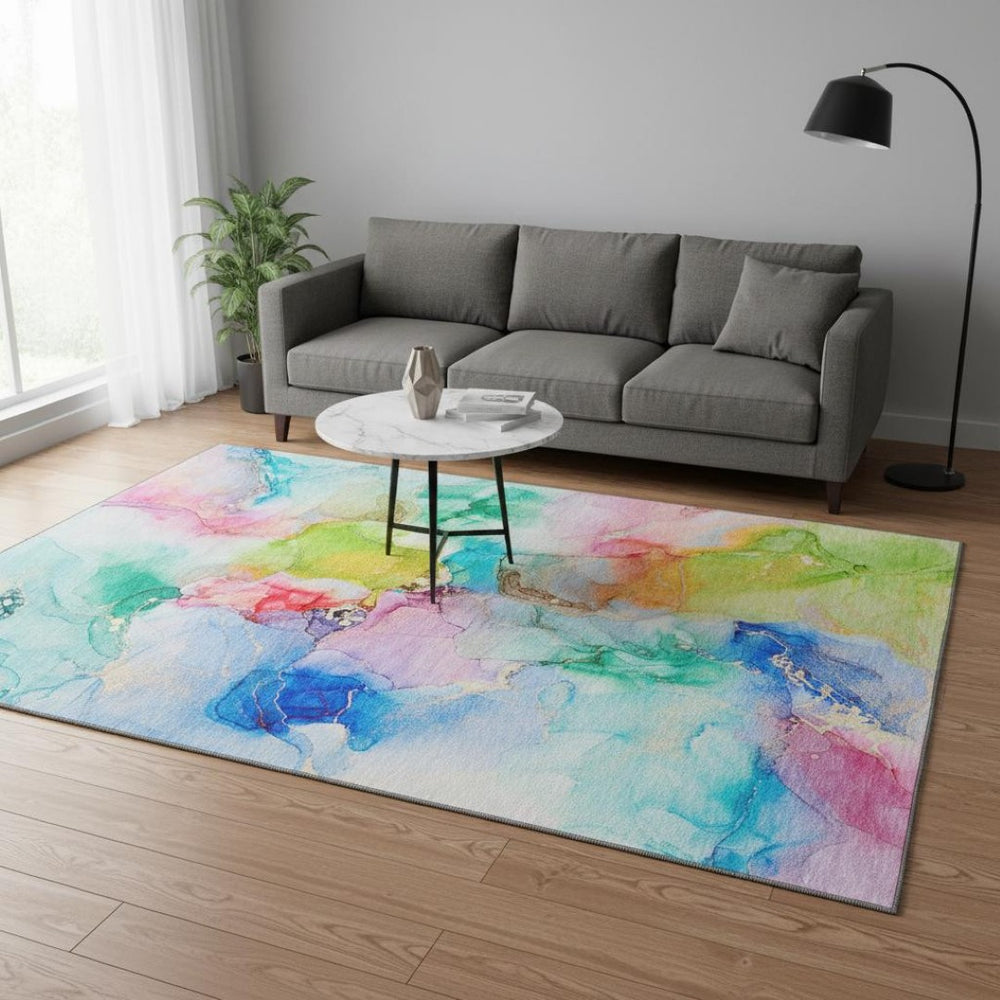 HomeRoots 5' X 8' Stylish Blue Green Purple Washable Area Rug – UV Protected, Pet-Friendly & Low Maintenance! 647454