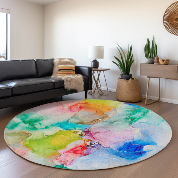 HomeRoots 8' Vibrant Abstract Round Rug in Blue, Green & Purple - Washable, UV-Protected & Durable Design 647455