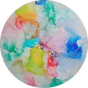 HomeRoots 8' Vibrant Abstract Round Rug in Blue, Green & Purple - Washable, UV-Protected & Durable Design 647455