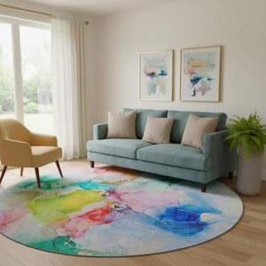 HomeRoots 8' Vibrant Abstract Round Rug in Blue, Green & Purple - Washable, UV-Protected & Durable Design 647455
