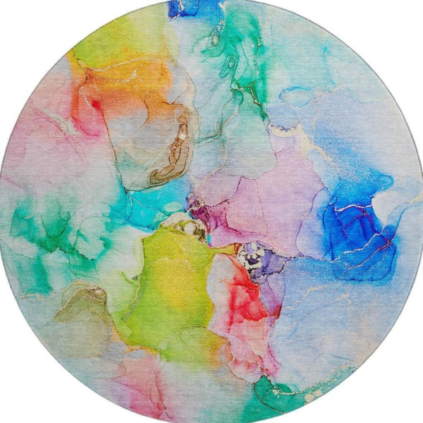 HomeRoots 8' Vibrant Abstract Round Rug in Blue, Green & Purple - Washable, UV-Protected & Durable Design 647455