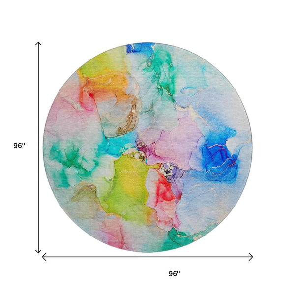 HomeRoots 8' Vibrant Abstract Round Rug in Blue, Green & Purple - Washable, UV-Protected & Durable Design 647455