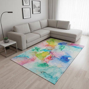 HomeRoots 8' X 10' Abstract Washable Area Rug in Blue, Green & Purple – UV Protected for Family Spaces! 647456