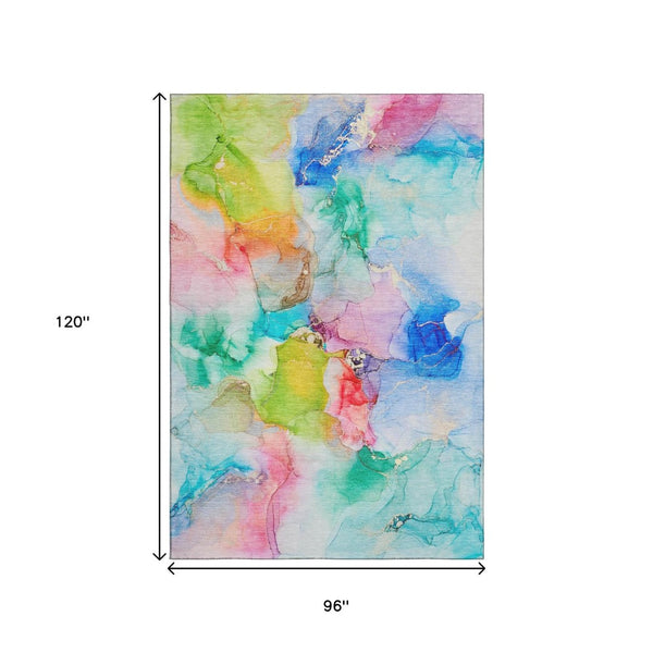 HomeRoots 8' X 10' Abstract Washable Area Rug in Blue, Green & Purple – UV Protected for Family Spaces! 647456