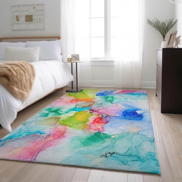 HomeRoots 8' X 10' Abstract Washable Area Rug in Blue, Green & Purple – UV Protected for Family Spaces! 647456