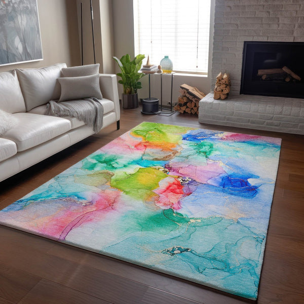 HomeRoots 8' X 10' Abstract Washable Area Rug in Blue, Green & Purple – UV Protected for Family Spaces! 647456
