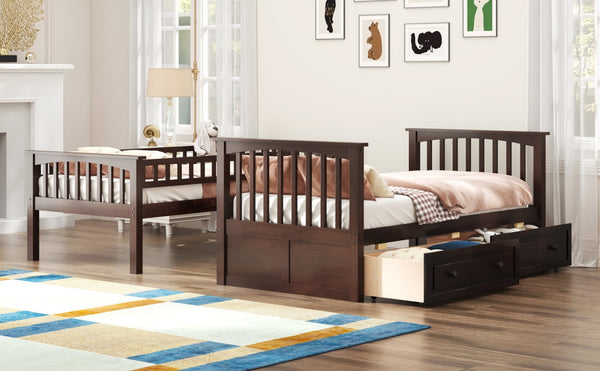 English Elm Twin Over Solid Pine Bunk Bed with Rolling Drawers and Convertible Platform GX000240AAP
