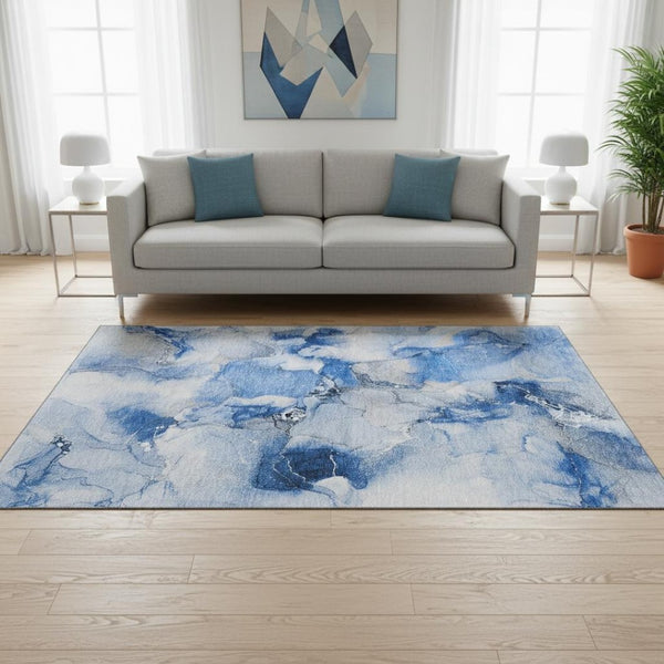 HomeRoots 5' X 8' Navy Blue & Ivory Abstract Washable Area Rug - Stylish, Stain-Resistant, UV Protected Design 647460