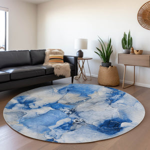HomeRoots 8' Navy Blue & Ivory Abstract Washable Round Rug - UV Protected, Stain Resistant, Soft Polyester Comfort 647461
