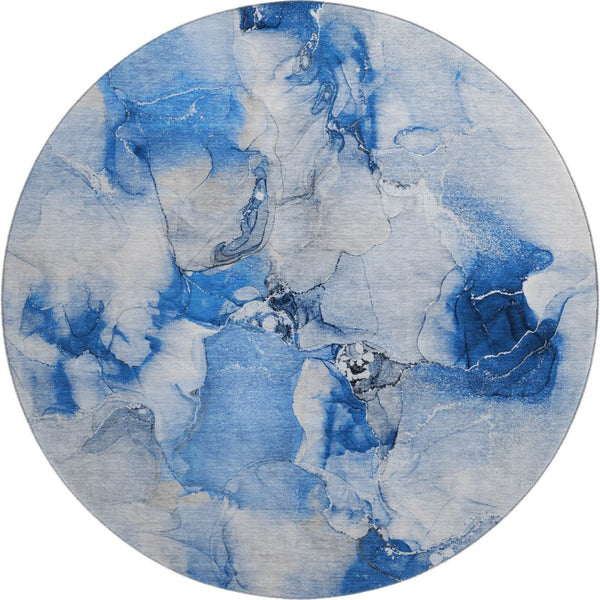 HomeRoots 8' Navy Blue & Ivory Abstract Washable Round Rug - UV Protected, Stain Resistant, Soft Polyester Comfort 647461