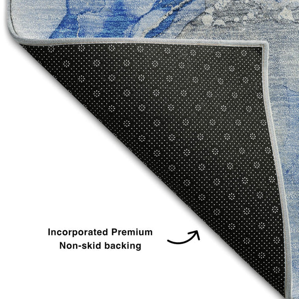 HomeRoots 8' Navy Blue & Ivory Abstract Washable Round Rug - UV Protected, Stain Resistant, Soft Polyester Comfort 647461