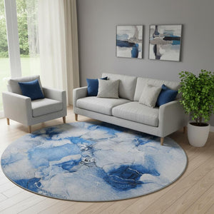 HomeRoots 8' Navy Blue & Ivory Abstract Washable Round Rug - UV Protected, Stain Resistant, Soft Polyester Comfort 647461