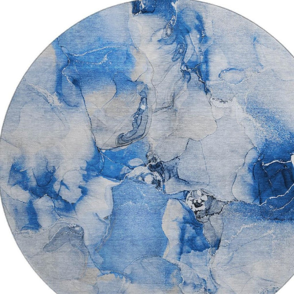 HomeRoots 8' Navy Blue & Ivory Abstract Washable Round Rug - UV Protected, Stain Resistant, Soft Polyester Comfort 647461