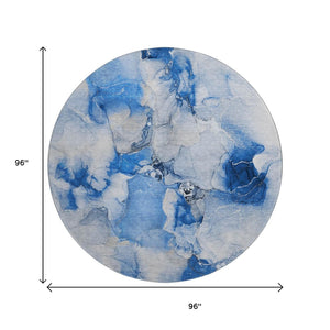 HomeRoots 8' Navy Blue & Ivory Abstract Washable Round Rug - UV Protected, Stain Resistant, Soft Polyester Comfort 647461