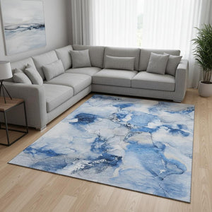 HomeRoots 8' X 10' Navy Blue & Ivory Abstract Area Rug – Washable, UV-Protected, Durable for Busy Homes 647462