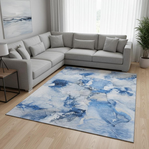 HomeRoots 8' X 10' Navy Blue & Ivory Abstract Area Rug – Washable, UV-Protected, Durable for Busy Homes 647462