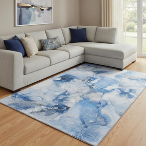 HomeRoots 9' X 12' Navy Blue Ivory Abstract Area Rug – Washable, UV-Protected, Durable & Stylish for Any Room 647463