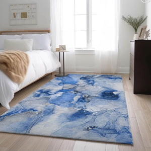 HomeRoots 10' X 14' Navy Blue And Ivory Abstract Area Rug - Durable, Washable, UV-Protected, Perfect for Families 647464