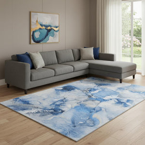 HomeRoots 10' X 14' Navy Blue And Ivory Abstract Area Rug - Durable, Washable, UV-Protected, Perfect for Families 647464