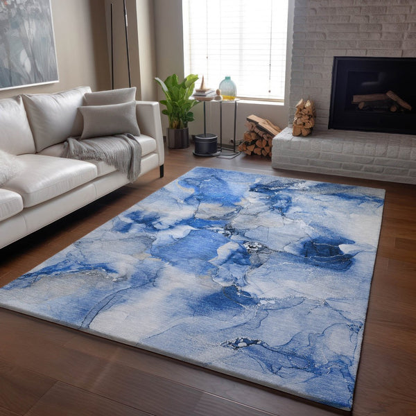 HomeRoots 10' X 14' Navy Blue And Ivory Abstract Area Rug - Durable, Washable, UV-Protected, Perfect for Families 647464