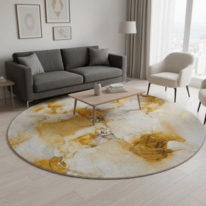 HomeRoots 8' Orange and Ivory Abstract Round Rug - Modern, Washable, UV-Protected, Ideal for High-Traffic Spaces 647467