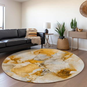 HomeRoots 8' Orange and Ivory Abstract Round Rug - Modern, Washable, UV-Protected, Ideal for High-Traffic Spaces 647467