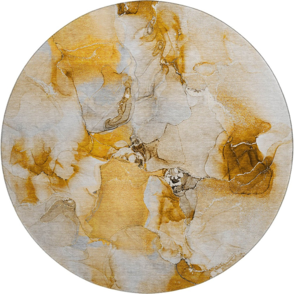 HomeRoots 8' Orange and Ivory Abstract Round Rug - Modern, Washable, UV-Protected, Ideal for High-Traffic Spaces 647467