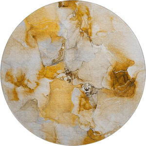 HomeRoots 8' Orange and Ivory Abstract Round Rug - Modern, Washable, UV-Protected, Ideal for High-Traffic Spaces 647467