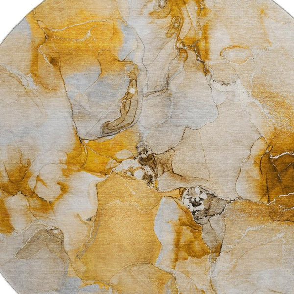 HomeRoots 8' Orange and Ivory Abstract Round Rug - Modern, Washable, UV-Protected, Ideal for High-Traffic Spaces 647467