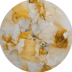 HomeRoots 8' Orange and Ivory Abstract Round Rug - Modern, Washable, UV-Protected, Ideal for High-Traffic Spaces 647467