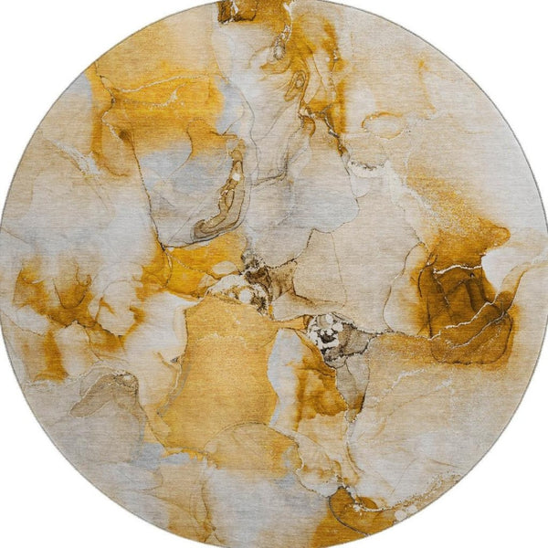 HomeRoots 8' Orange and Ivory Abstract Round Rug - Modern, Washable, UV-Protected, Ideal for High-Traffic Spaces 647467