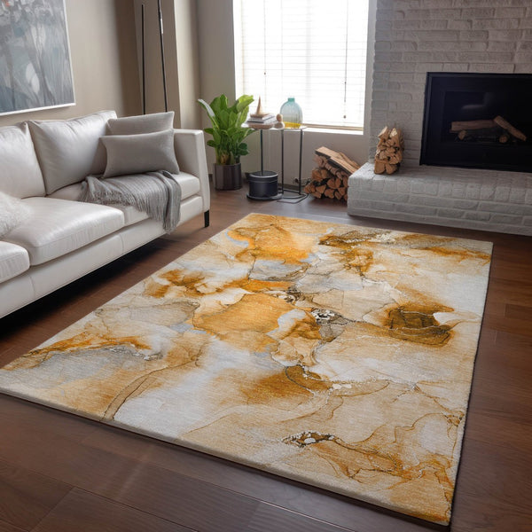 HomeRoots 10' X 14' Orange & Ivory Abstract Washable Area Rug - Stylish, Durable, UV Protected for Busy Homes 647470