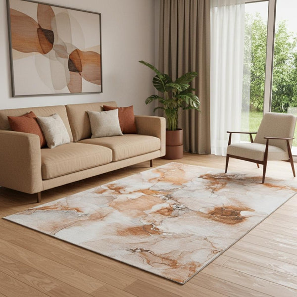 HomeRoots 5' X 8' Modern Rust and Ivory Abstract Area Rug - Washable, UV-Resistant, Ideal for High-Traffic Spaces 647472