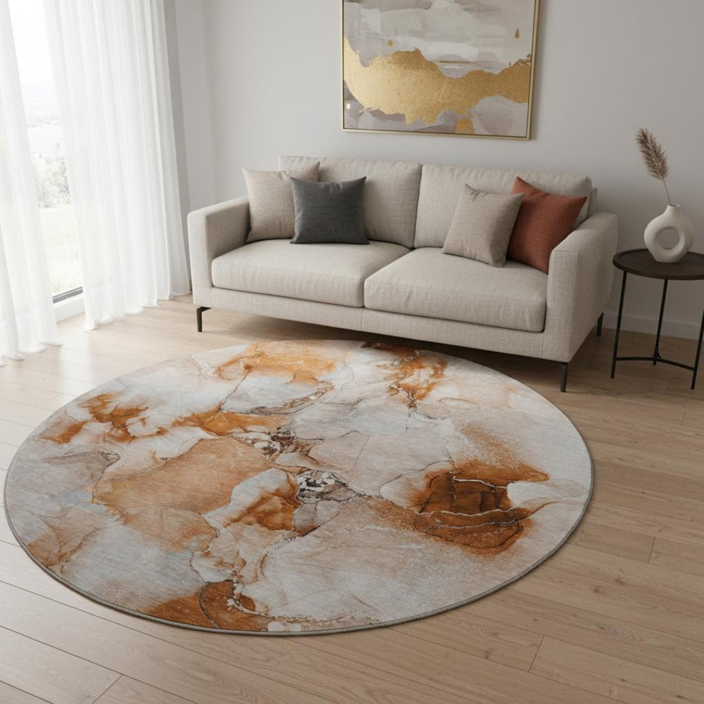 HomeRoots 8' Rust and Ivory Abstract Washable Round Rug - Stylish, Durable, UV-Protected for Busy Homes 647473