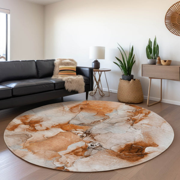 HomeRoots 8' Rust and Ivory Abstract Washable Round Rug - Stylish, Durable, UV-Protected for Busy Homes 647473