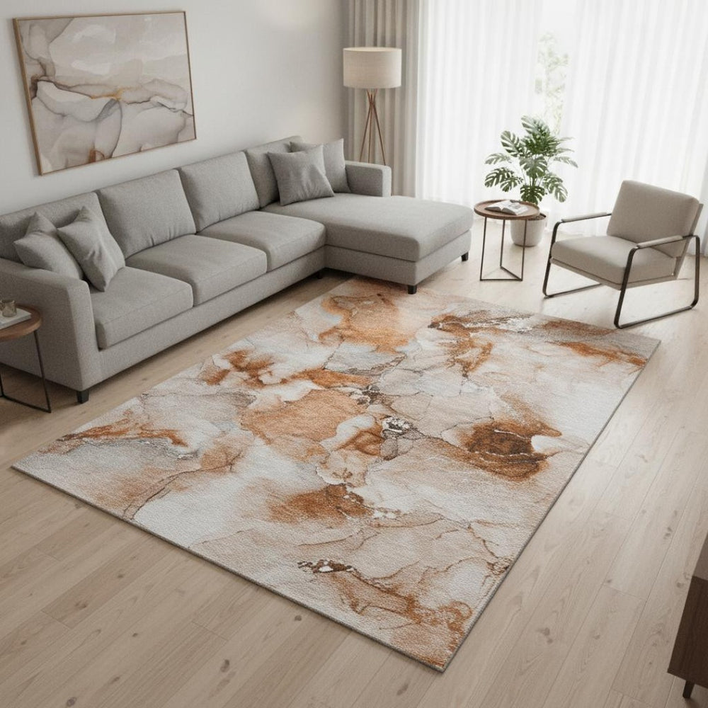 HomeRoots 9' X 12' Contemporary Rust and Ivory Abstract Area Rug - Washable, UV-Protected, Stain-Resistant Design 647475