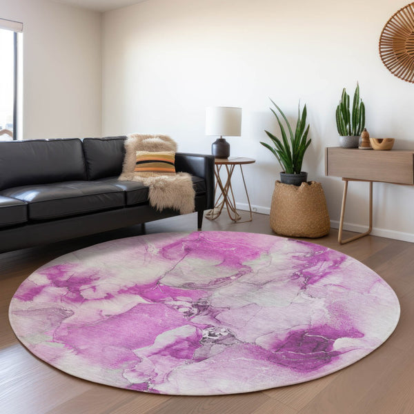 HomeRoots 8' Pink And Ivory Abstract Round Rug - Washable, UV-Protected, Durable for High Traffic Homes! 647479