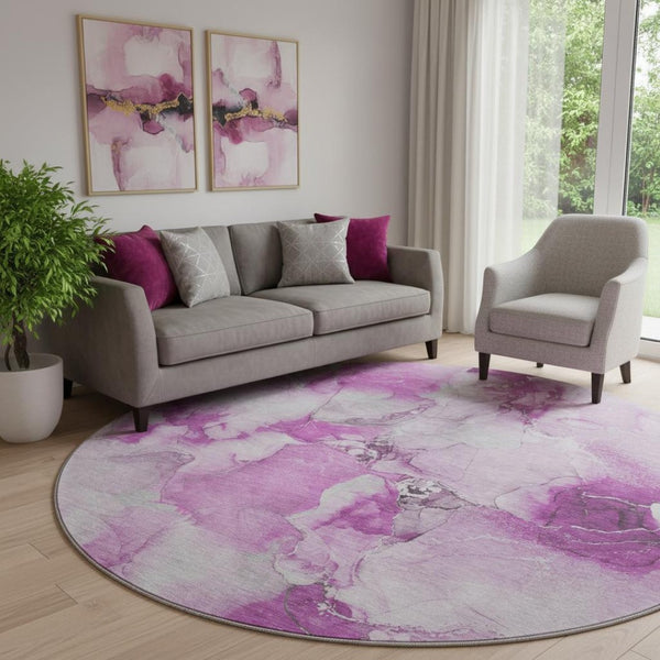 HomeRoots 8' Pink And Ivory Abstract Round Rug - Washable, UV-Protected, Durable for High Traffic Homes! 647479