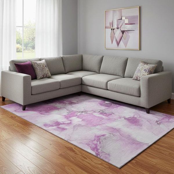 HomeRoots 9' X 12' Pink & Ivory Abstract Area Rug - Washable, UV Protected, Stain Resistant for Durability 647481