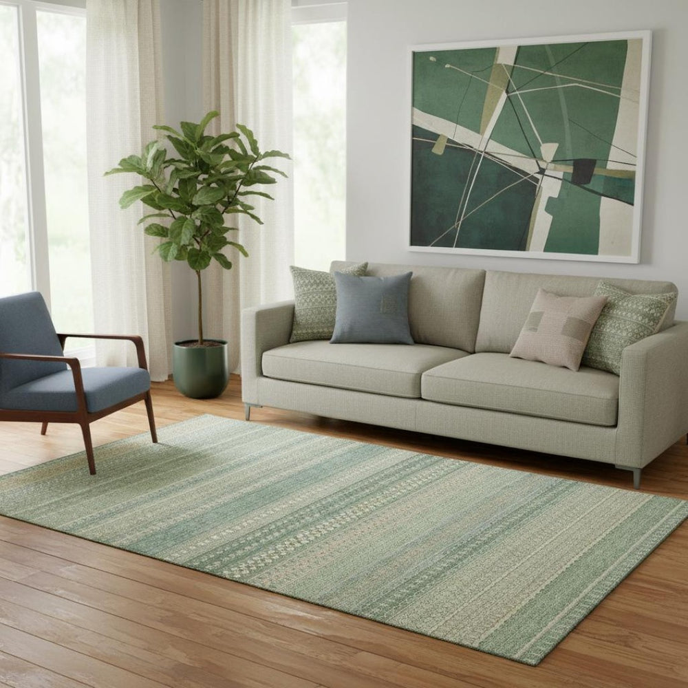 HomeRoots 5' X 8' Fern Green & Ivory Striped Area Rug - Washable, UV-Protected, Ideal for Busy Homes & Patios! 647484
