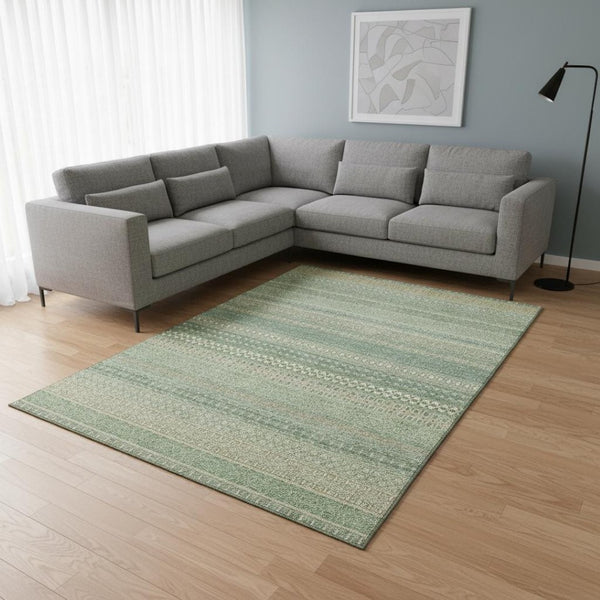 HomeRoots 8' X 10' Fern Green Ivory Striped Washable Area Rug – Durable, Stain-Resistant, UV Protected Style! 647486