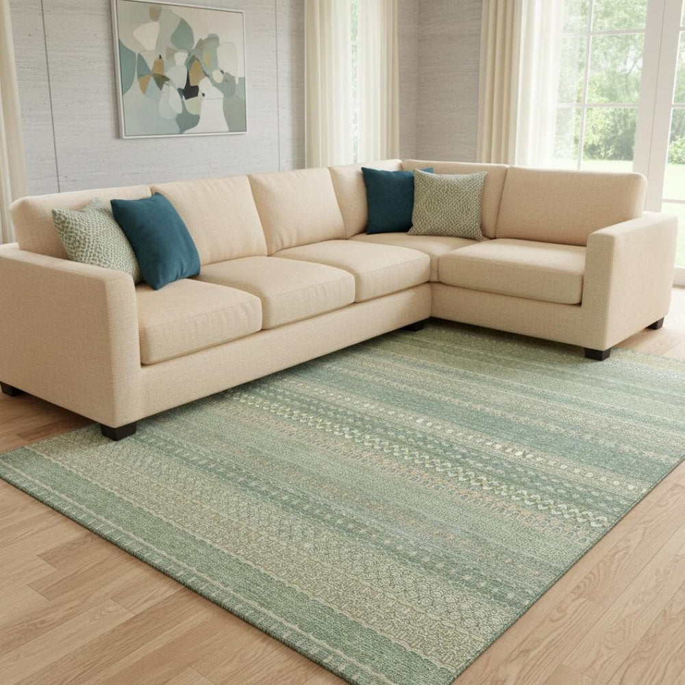 HomeRoots 9' X 12' Fern Green Striped Area Rug – Washable, UV-Protected, Durable, Ideal for High-Traffic Spaces! 647487