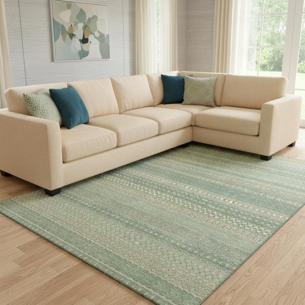 HomeRoots 9' X 12' Fern Green Striped Area Rug – Washable, UV-Protected, Durable, Ideal for High-Traffic Spaces! 647487