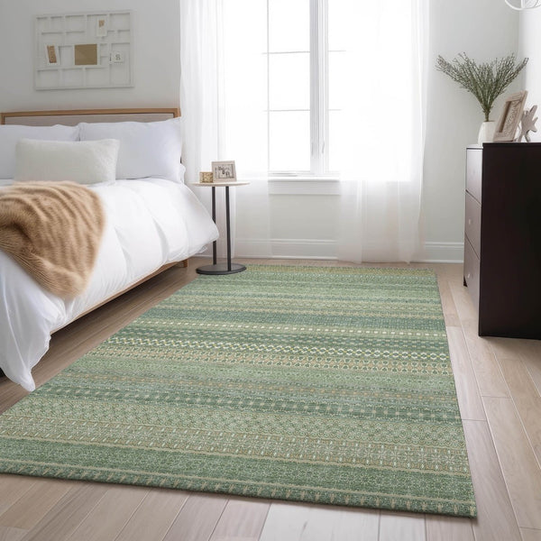 HomeRoots 9' X 12' Fern Green Striped Area Rug – Washable, UV-Protected, Durable, Ideal for High-Traffic Spaces! 647487
