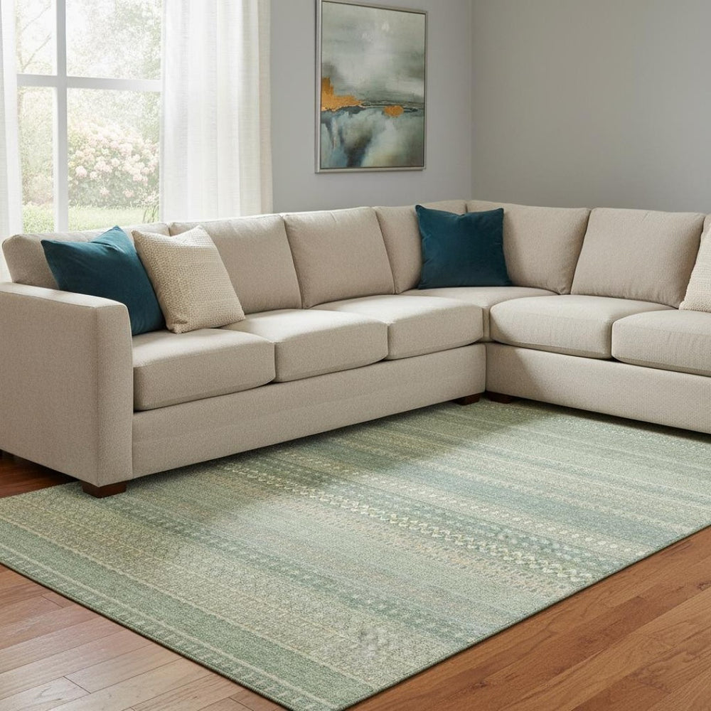 HomeRoots 10' X 14' Fern Green and Ivory Striped Washable Area Rug with UV Protection for High-Traffic Spaces 647488