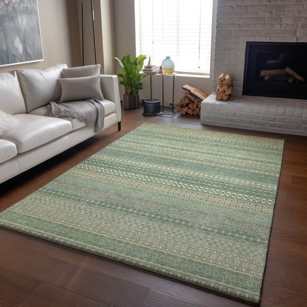 HomeRoots 10' X 14' Fern Green and Ivory Striped Washable Area Rug with UV Protection for High-Traffic Spaces 647488
