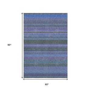 HomeRoots 5' Blue and Ivory Striped Washable Area Rug – Durable, Stain Resistant, UV Protected for Any Room 647490