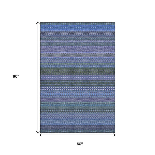 HomeRoots 5' Blue and Ivory Striped Washable Area Rug – Durable, Stain Resistant, UV Protected for Any Room 647490