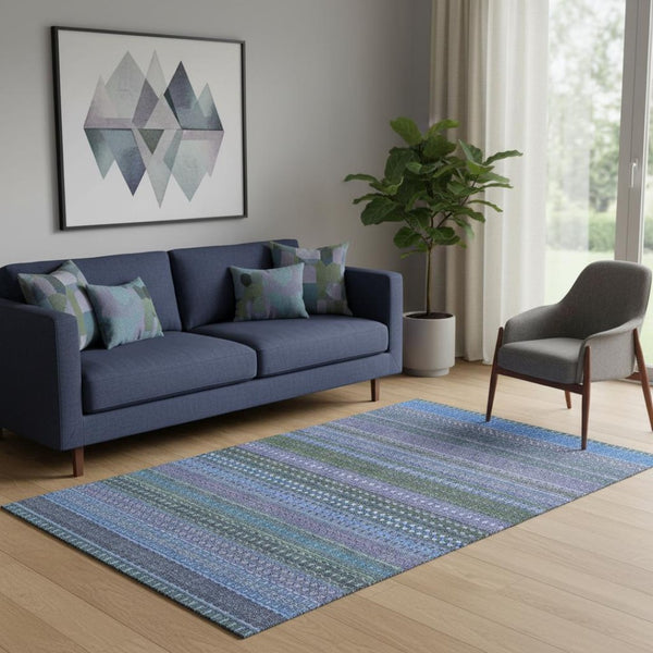 HomeRoots 5' Blue and Ivory Striped Washable Area Rug – Durable, Stain Resistant, UV Protected for Any Room 647490